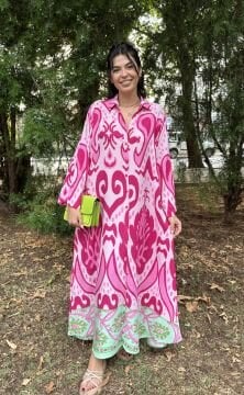 Yaprak Desen Uzun Gömlek Elbise Pembe