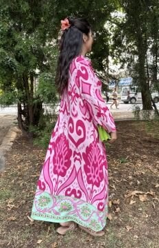 Yaprak Desen Uzun Gömlek Elbise Pembe