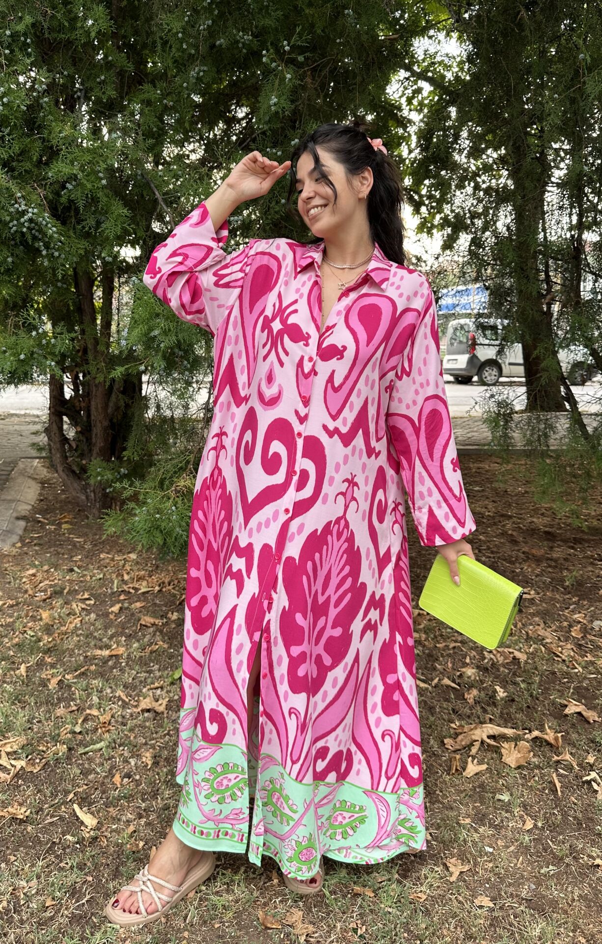 Yaprak Desen Uzun Gömlek Elbise Pembe