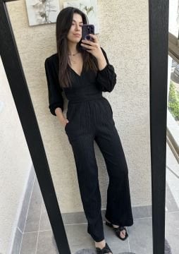 Siyah Gofre V Yaka Bluz