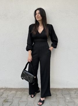 Siyah Gofre V Yaka Bluz