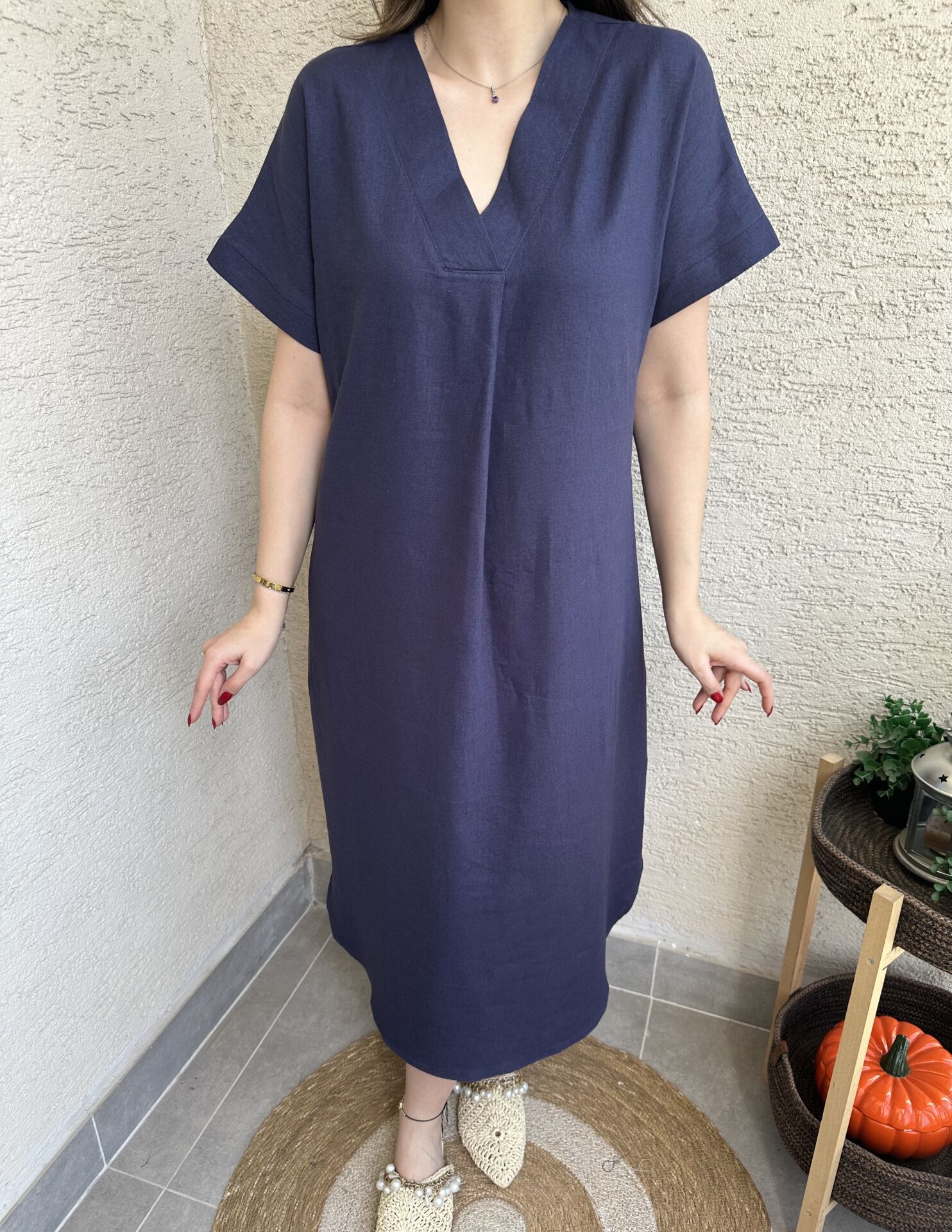 V Yaka Keten Lacivert Elbise