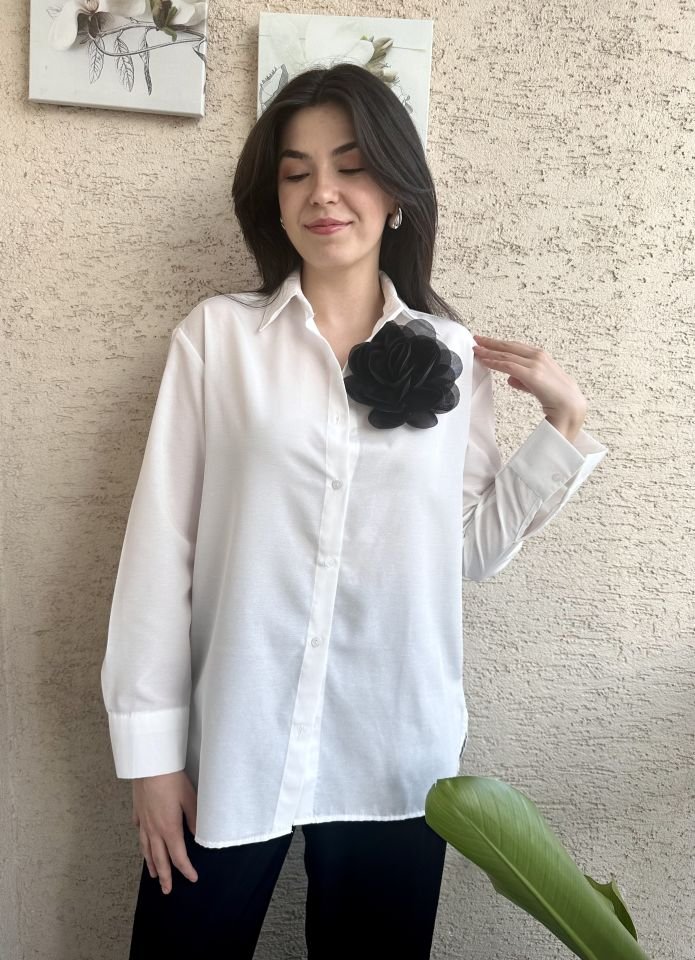 Siyah Otriş Çiçekli Gömlek