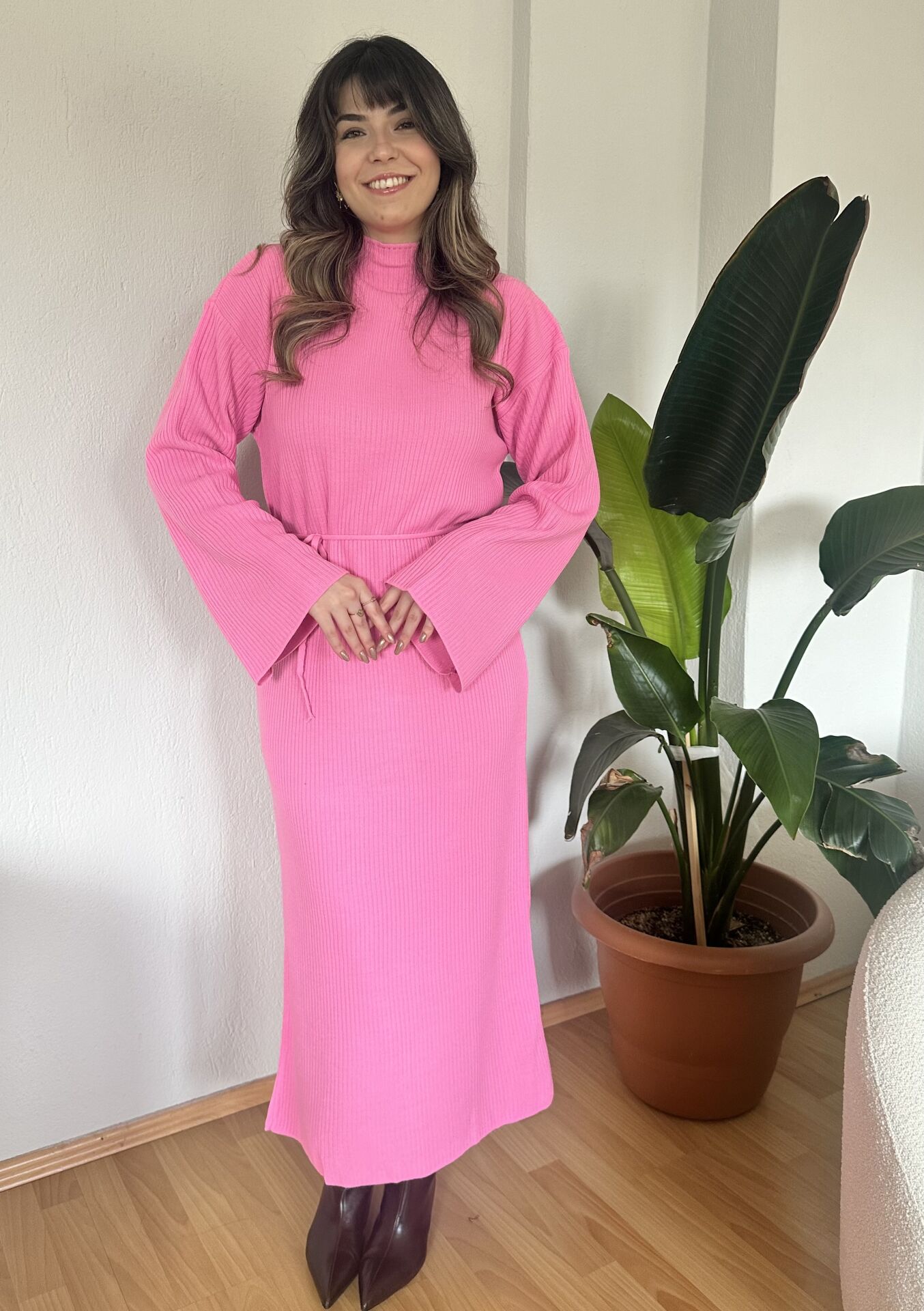 Dora Fitilli Kuşaklı Pembe Triko Elbise