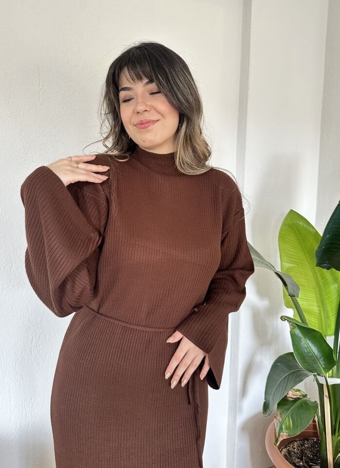 Dora Fitilli Kuşaklı Kahverengi Elbise