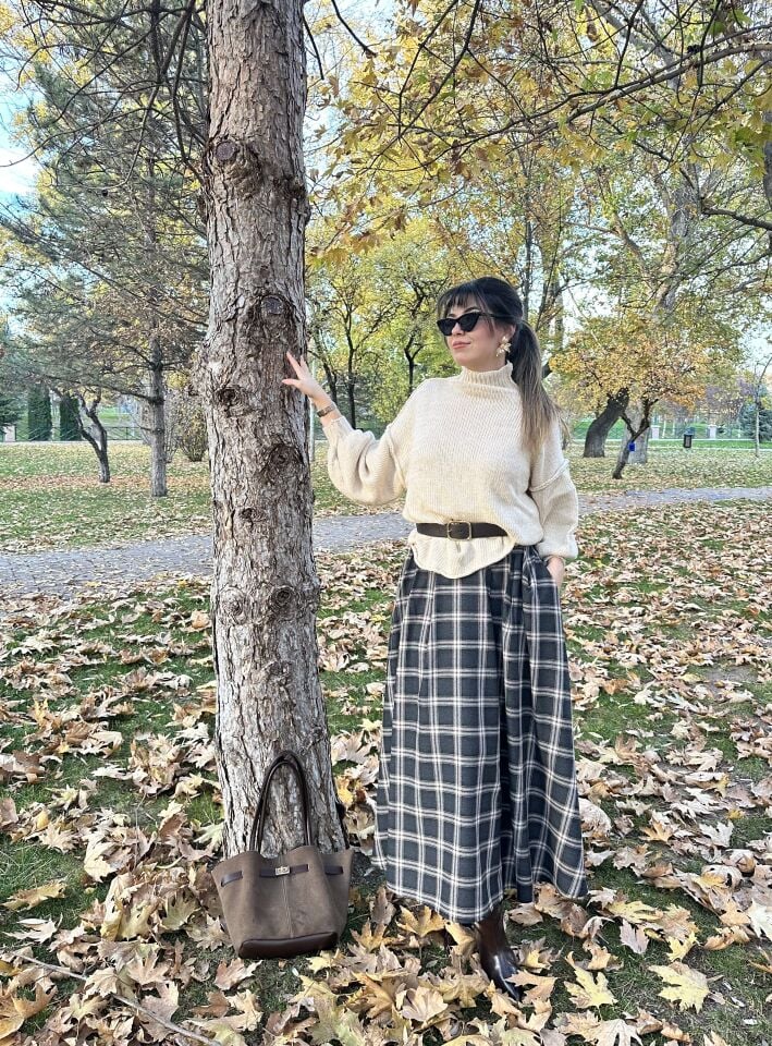 Biye Bel Detaylı Kahve Ekose Etek