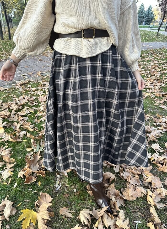 Biye Bel Detaylı Kahve Ekose Etek