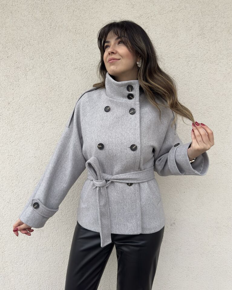 Dik Yaka Kuşaklı Gri Kaşe Kaban