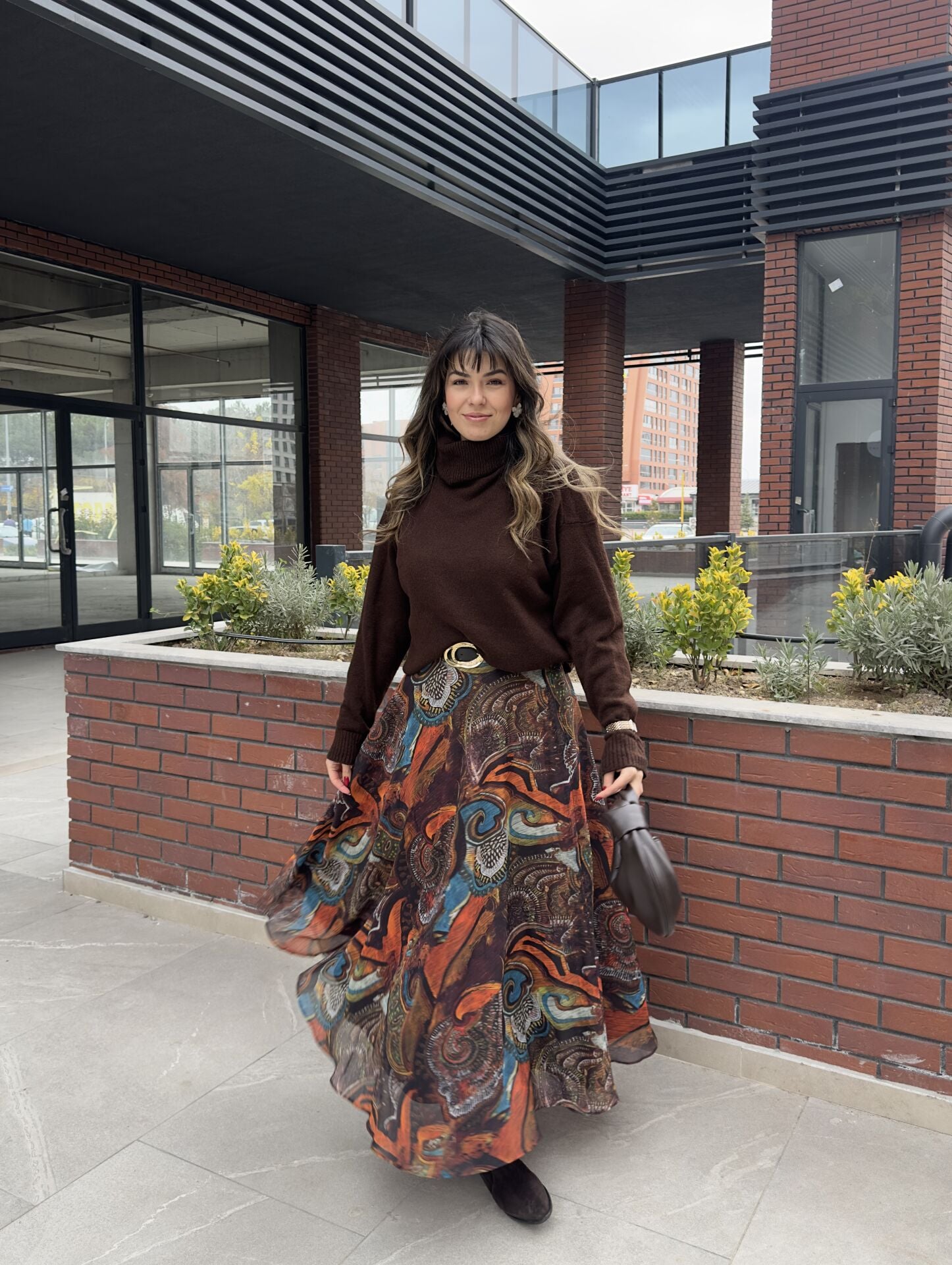 Desenli Şifon Kemerli Maksi Etek