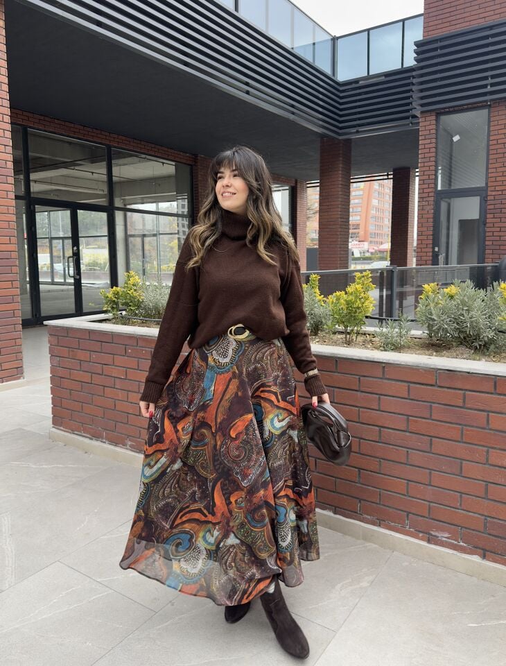 Desenli Şifon Kemerli Maksi Etek