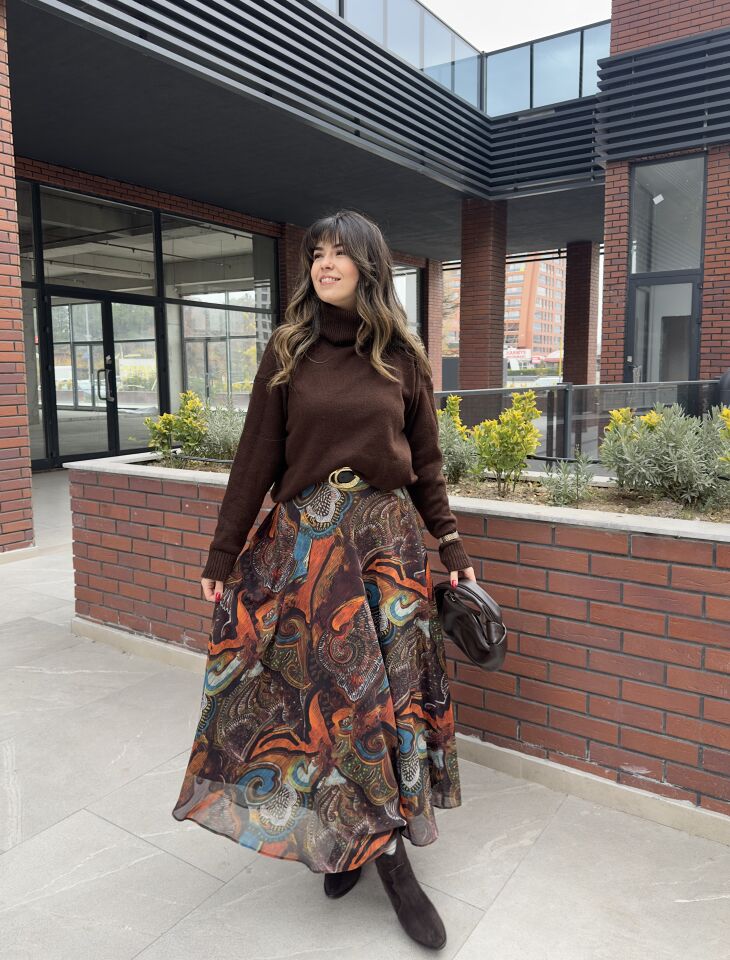 Desenli Şifon Kemerli Maksi Etek