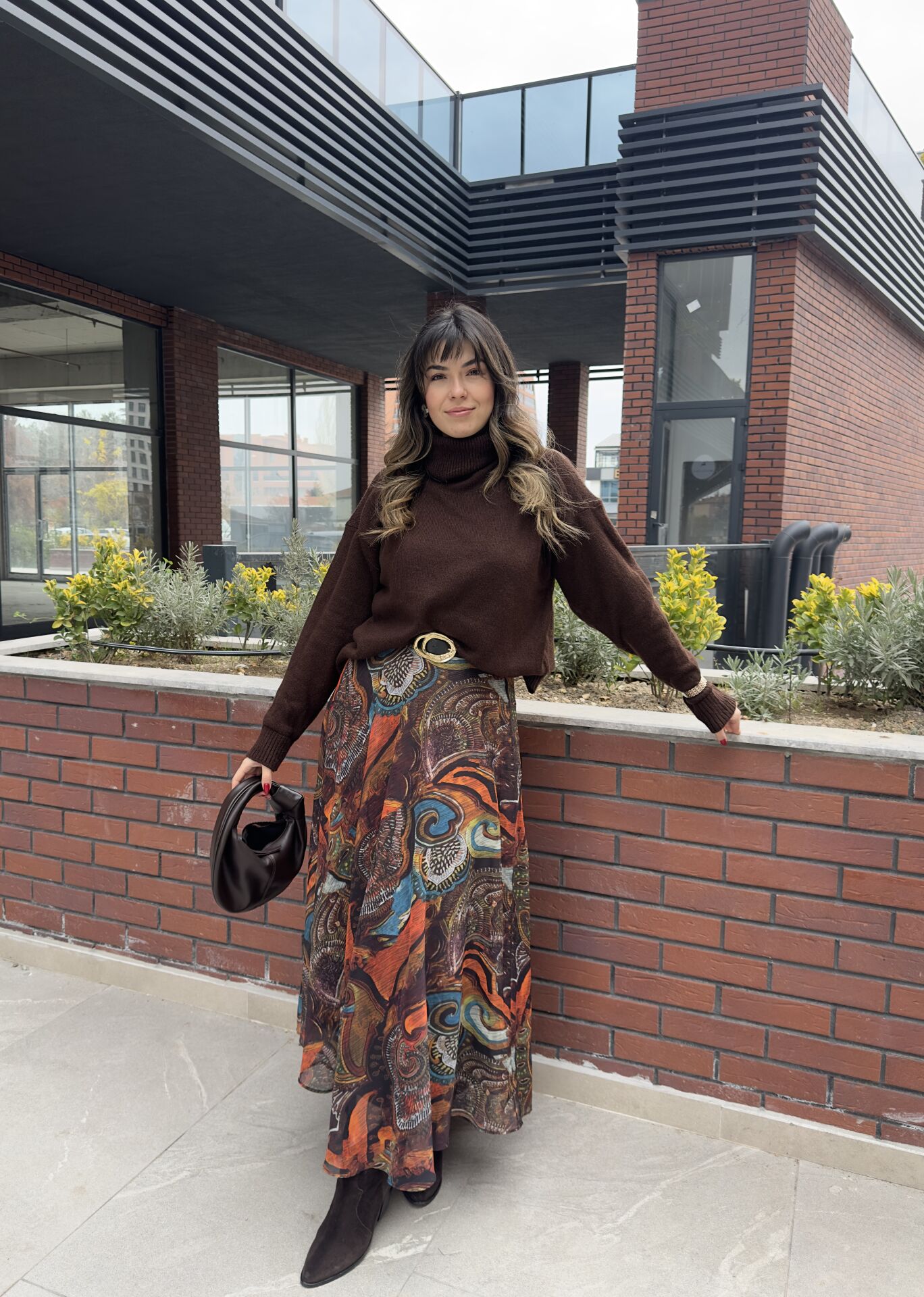 Desenli Şifon Kemerli Maksi Etek