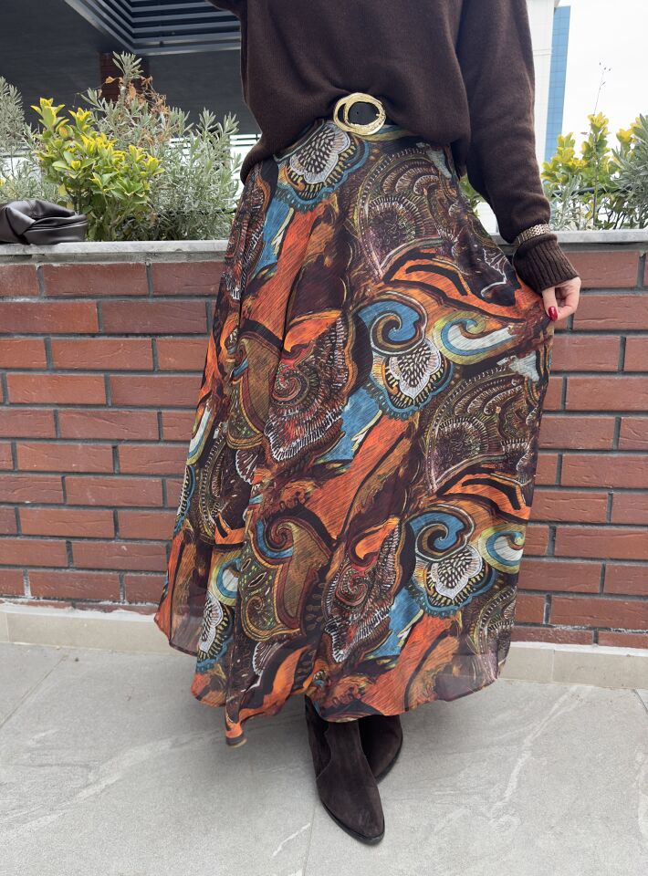 Desenli Şifon Kemerli Maksi Etek