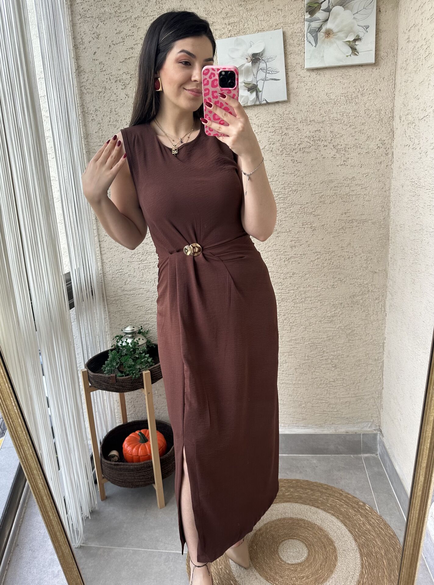 Zr Model Gold Tokalı Kahve Elbise