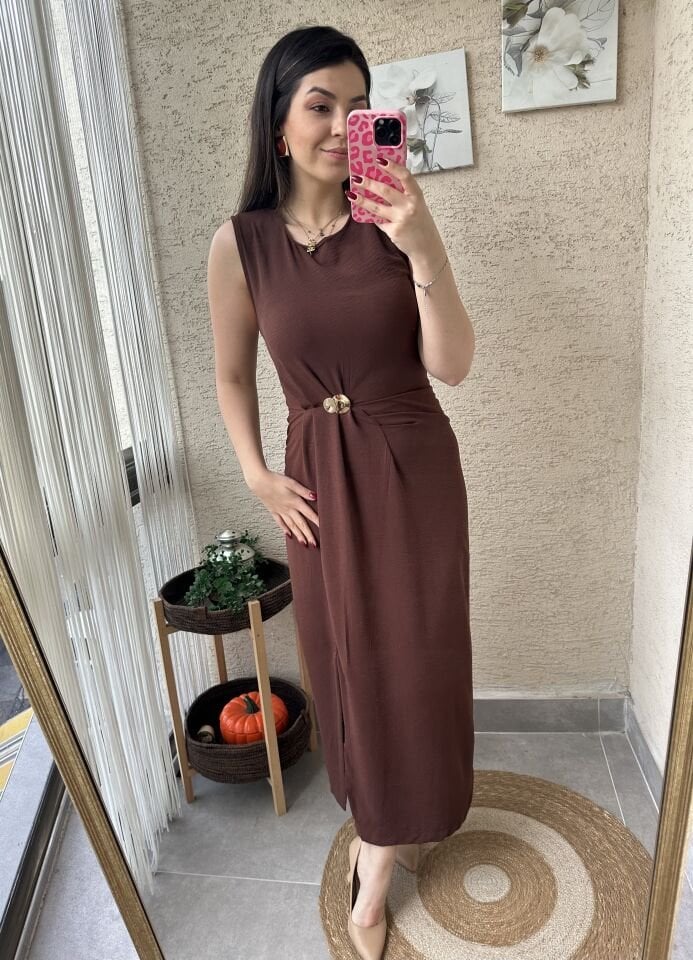 Zr Model Gold Tokalı Kahve Elbise