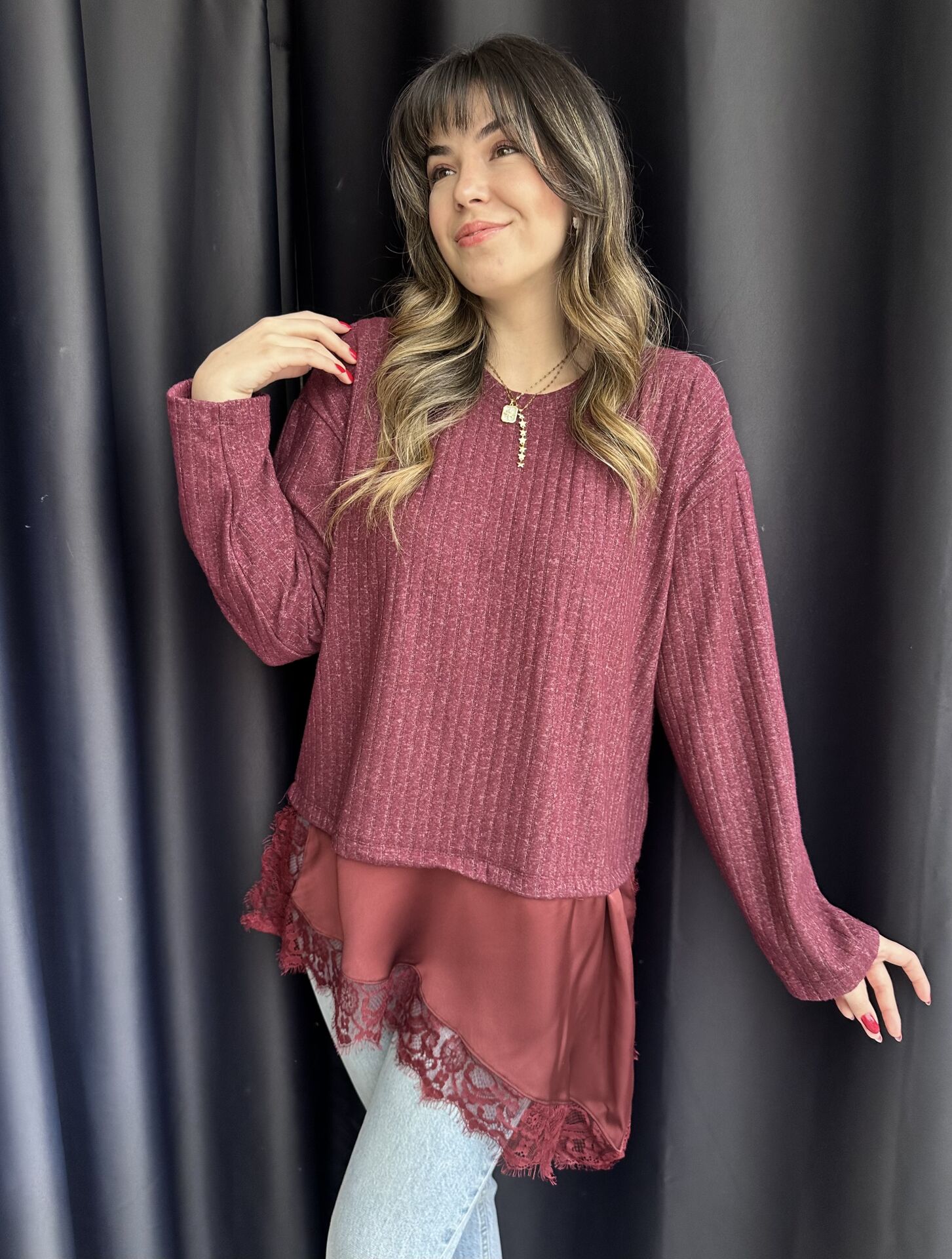 Bordo Dantel-Saten Detaylı Bluz