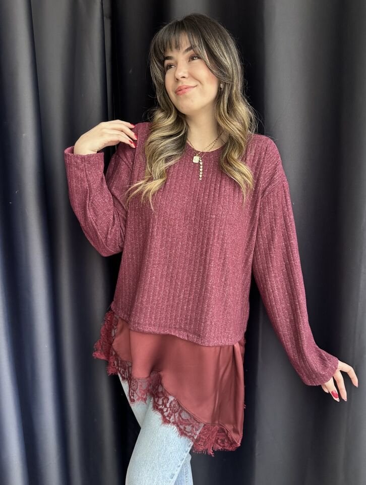 Bordo Dantel-Saten Detaylı Bluz