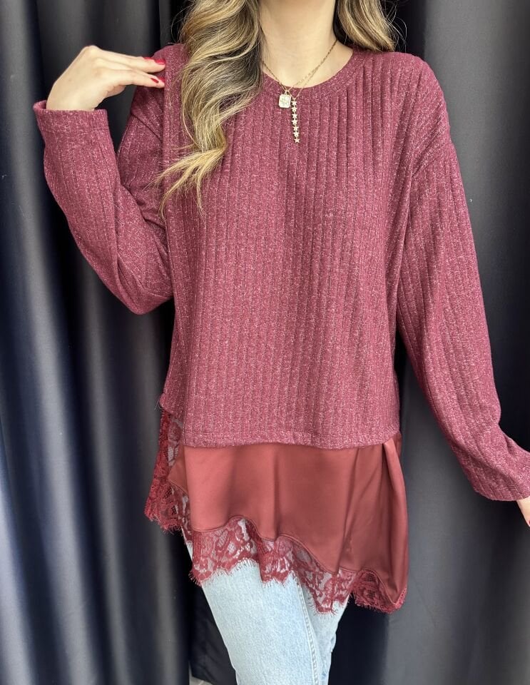 Bordo Dantel-Saten Detaylı Bluz
