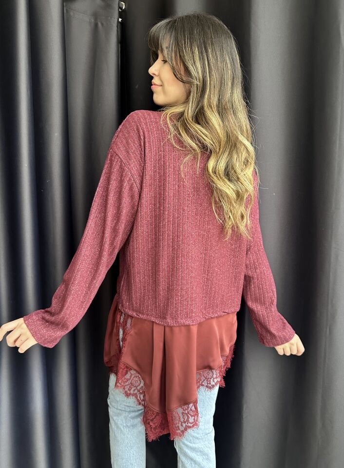 Bordo Dantel-Saten Detaylı Bluz