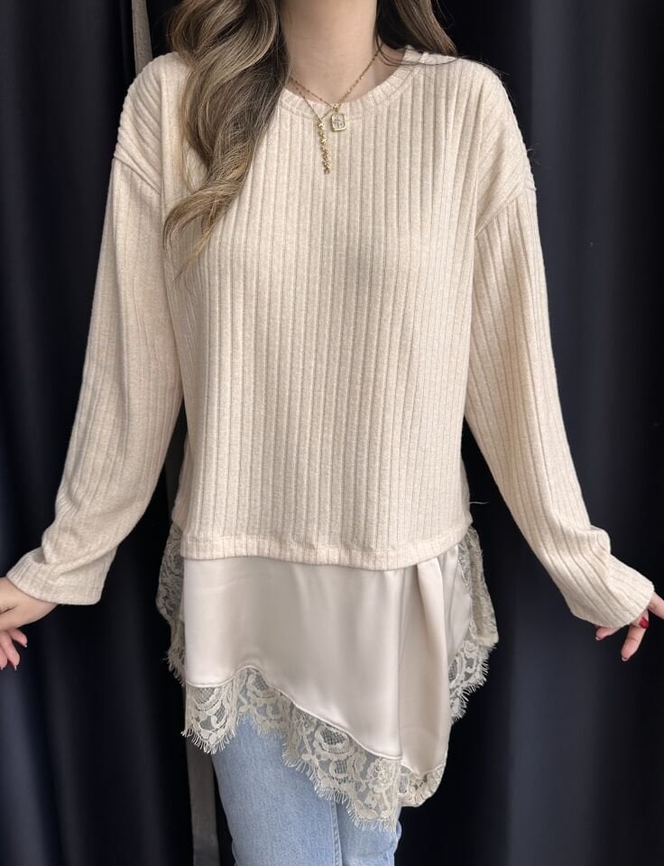 Bej Saten-Danet Detaylı Bluz