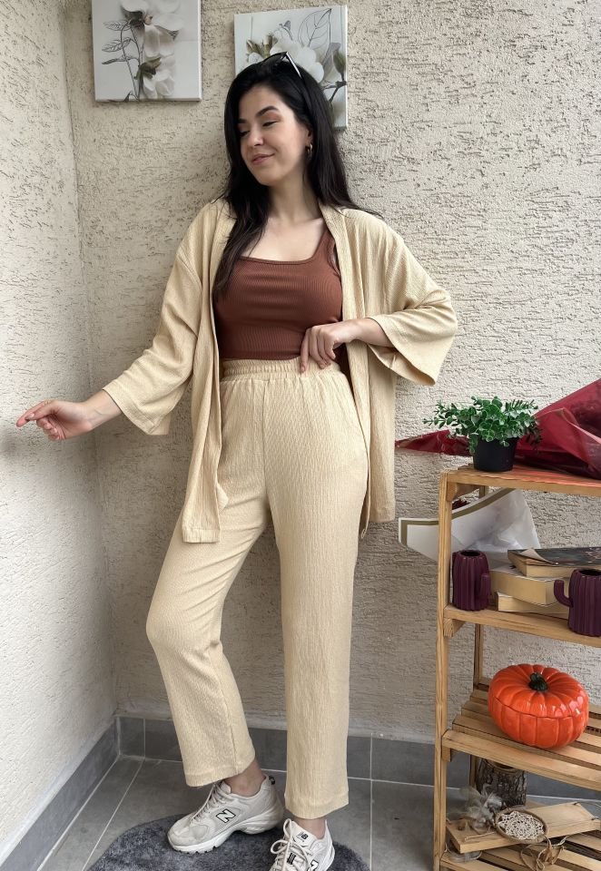 Bej Bürümcük Kimono Takım