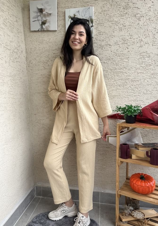 Bej Bürümcük Kimono Takım