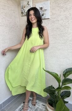 Önü Kısa Arkası Uzun Neon Yeşili Elbise