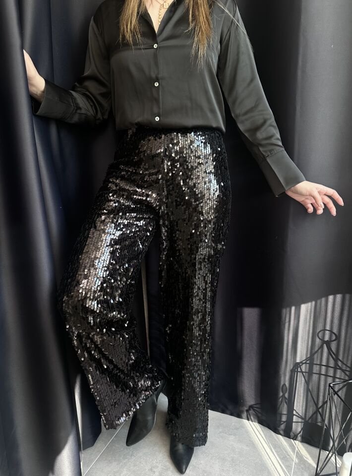 Plus Siyah Payetli Bol Paça Pantolon