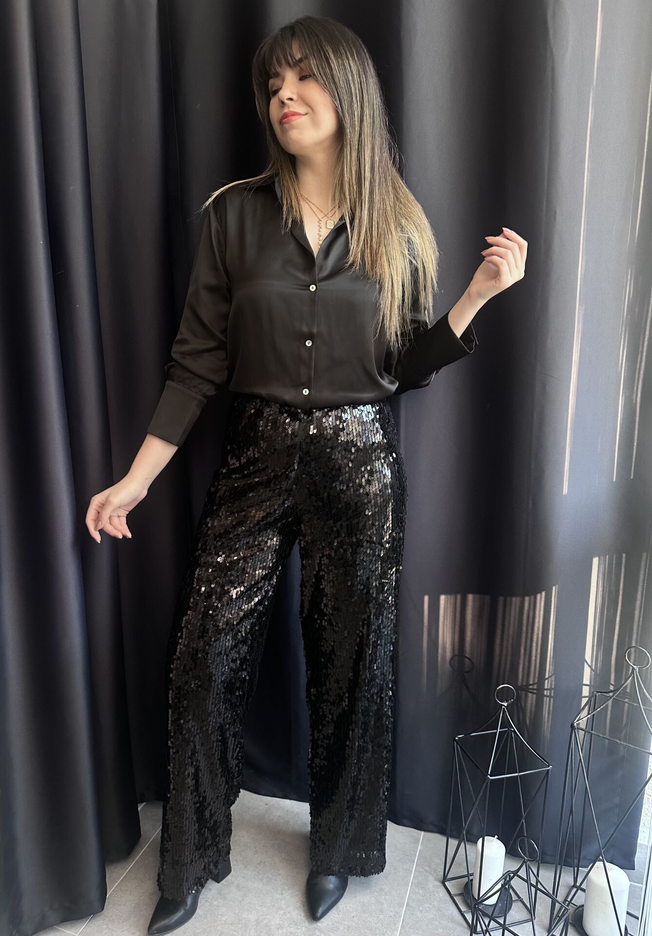 Plus Siyah Payetli Bol Paça Pantolon