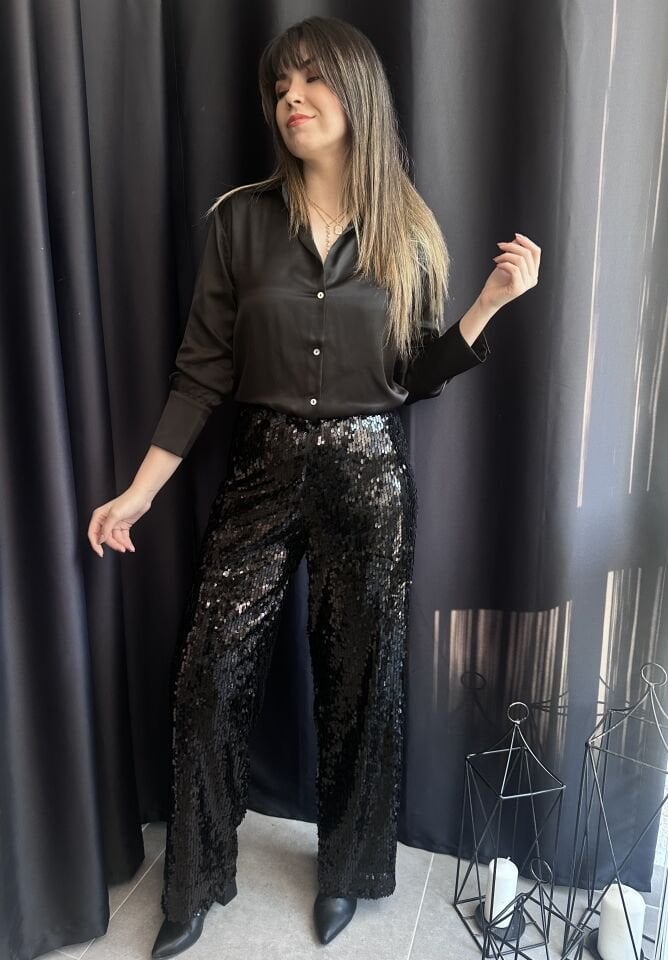Plus Siyah Payetli Bol Paça Pantolon