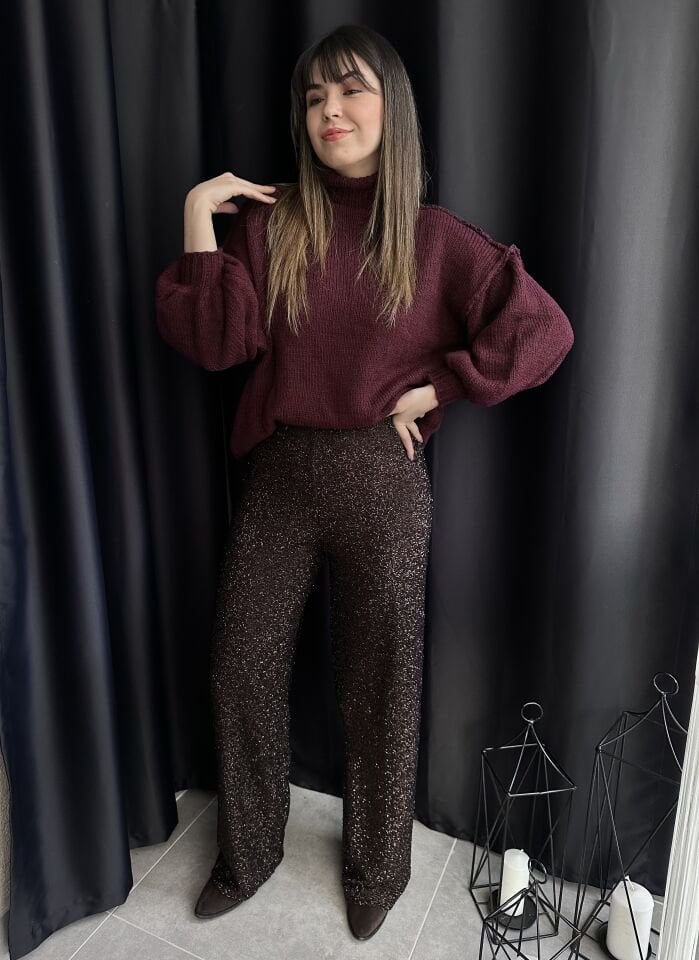 Acı Kahve Taşlı Pullu Bol Paça Pantolon