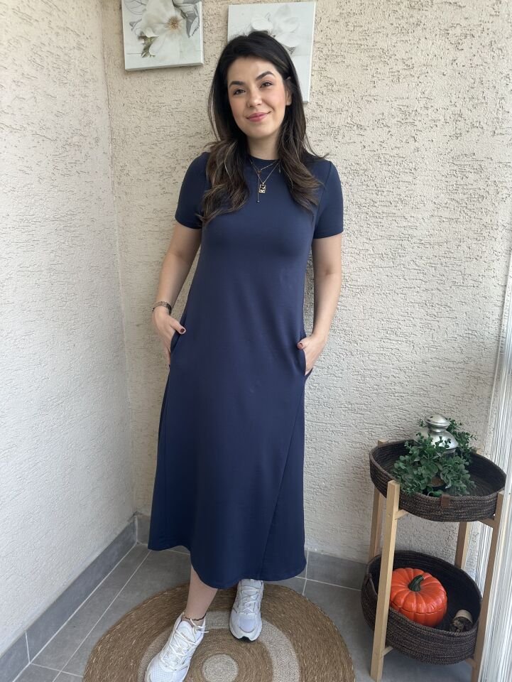 Buse Lacivert Basic Cepli Elbise