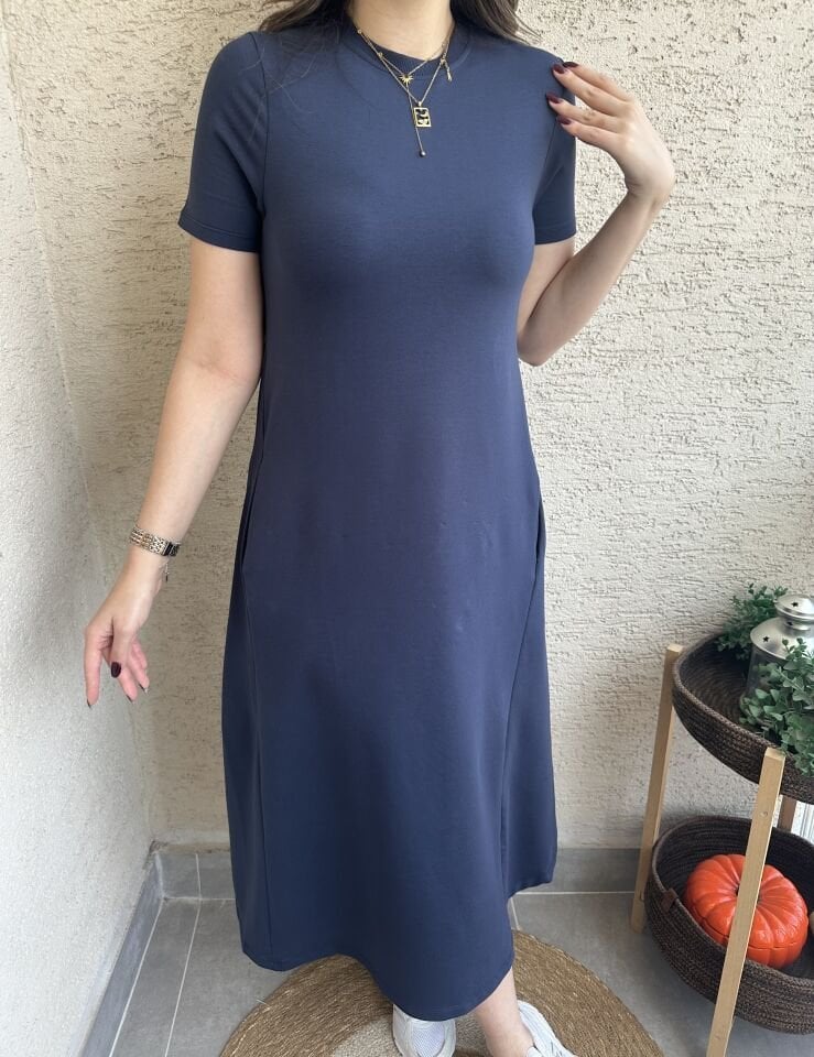 Buse Lacivert Basic Cepli Elbise