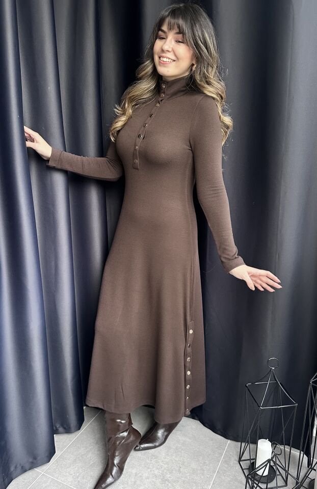 Çıtçıt Detaylı Acı Kahve Çilek Elbise