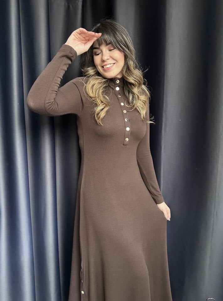 Çıtçıt Detaylı Acı Kahve Çilek Elbise