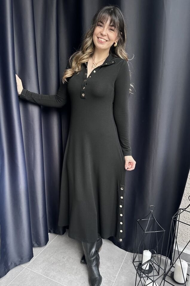 Çıtçıt Detaylı Siyah Çilek Elbise