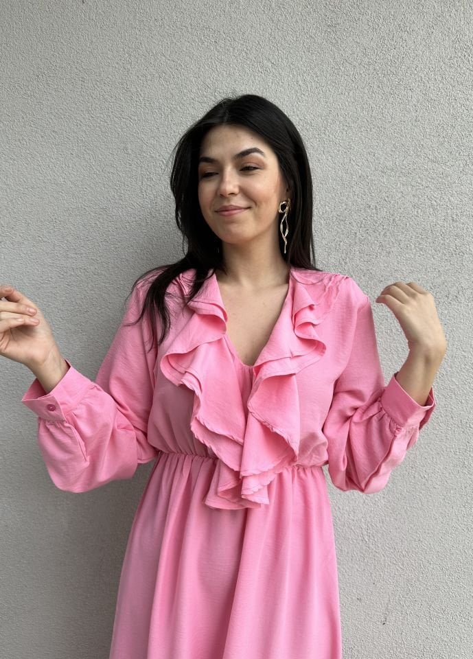Pembe Fırfırlı Dökümlü Elbise