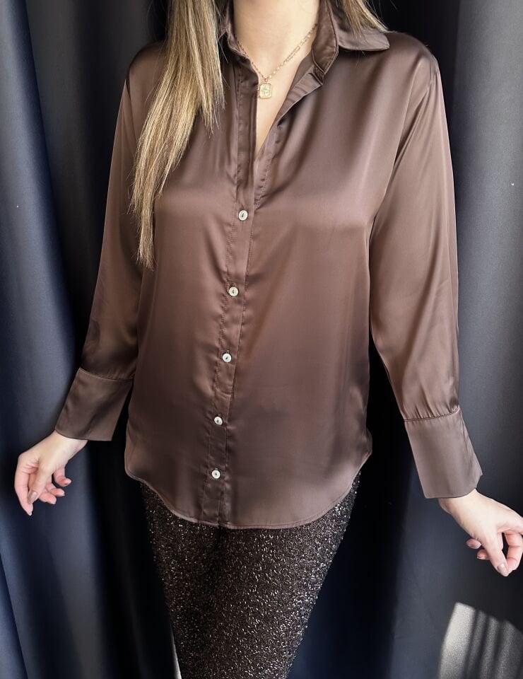 V Yaka Acı Kahve Saten Gömlek