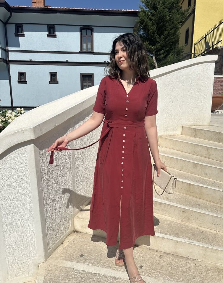 Bordo Tensel Yırtmaçlı  Elbise