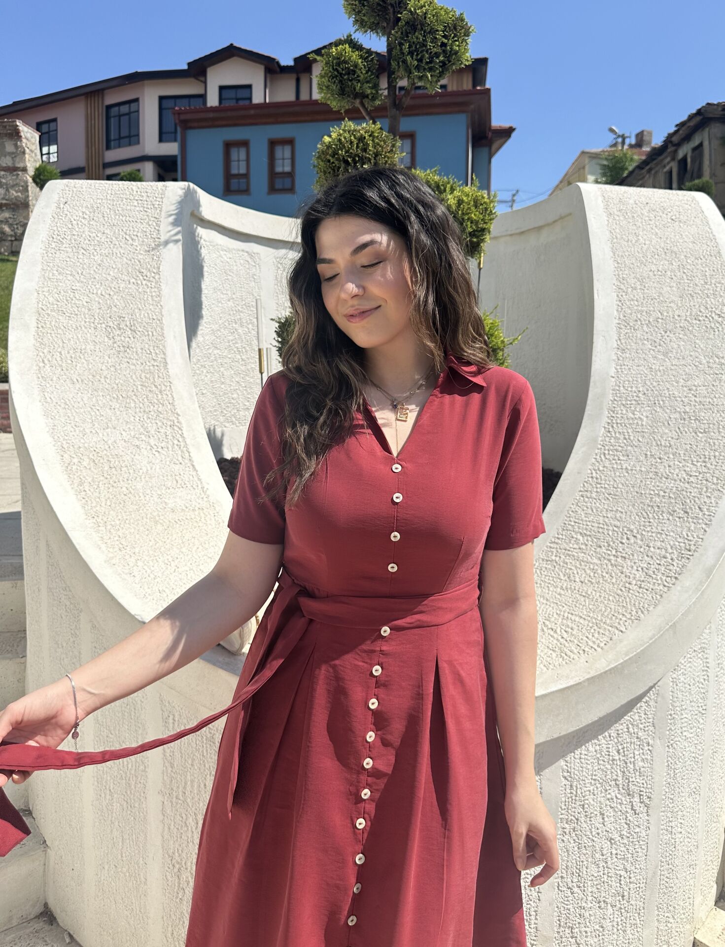 Bordo Tensel Yırtmaçlı  Elbise