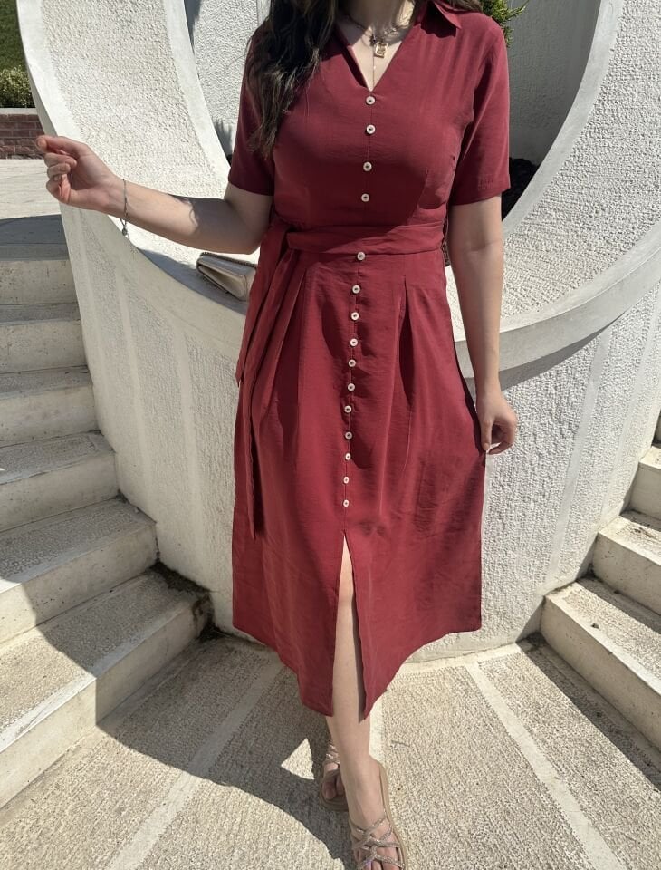 Bordo Tensel Yırtmaçlı  Elbise
