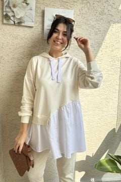 Gömlek Detaylı Sweatshirt-Ekru