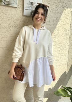 Gömlek Detaylı Sweatshirt-Ekru