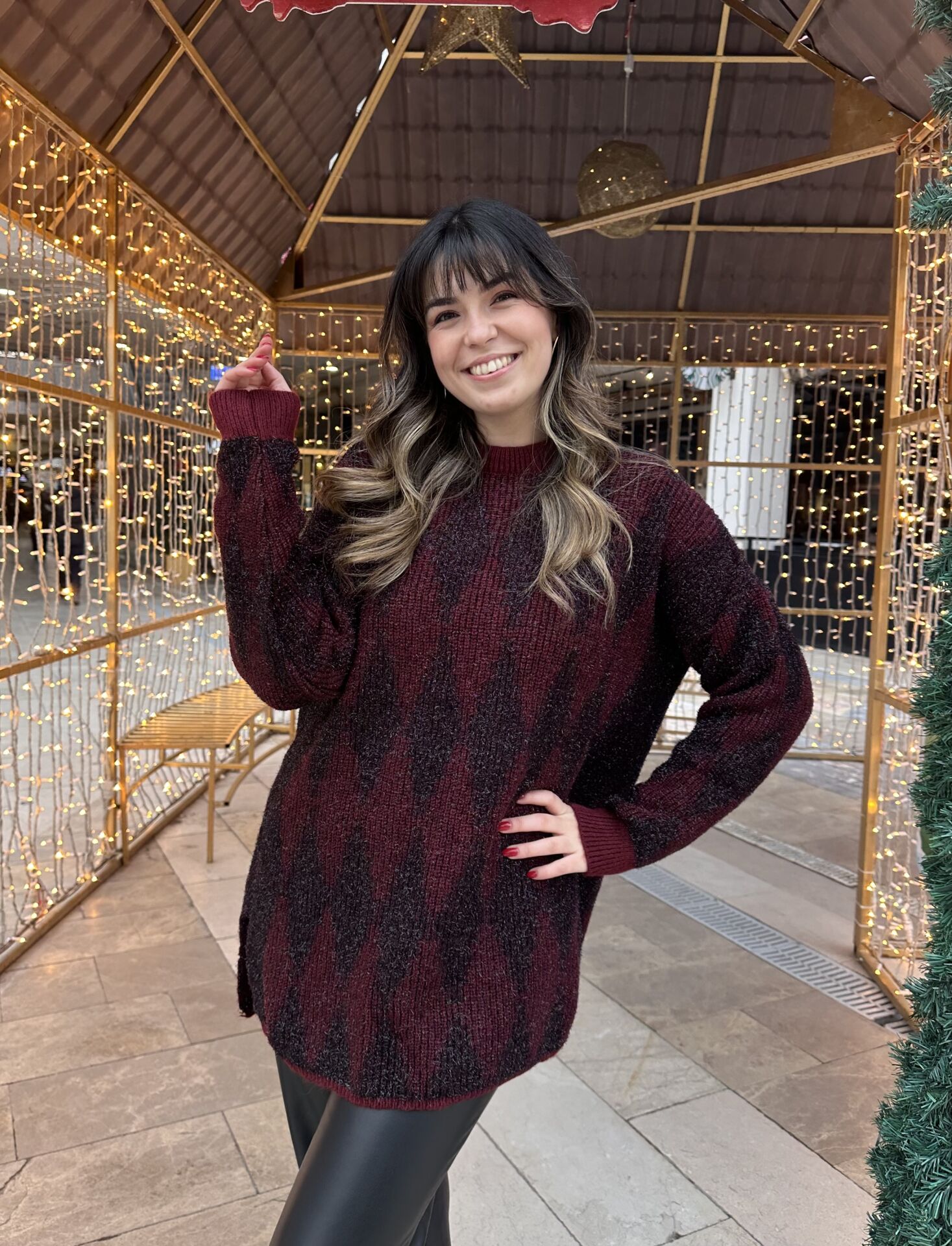 Baklava Desenli Simli Bordo Kazak