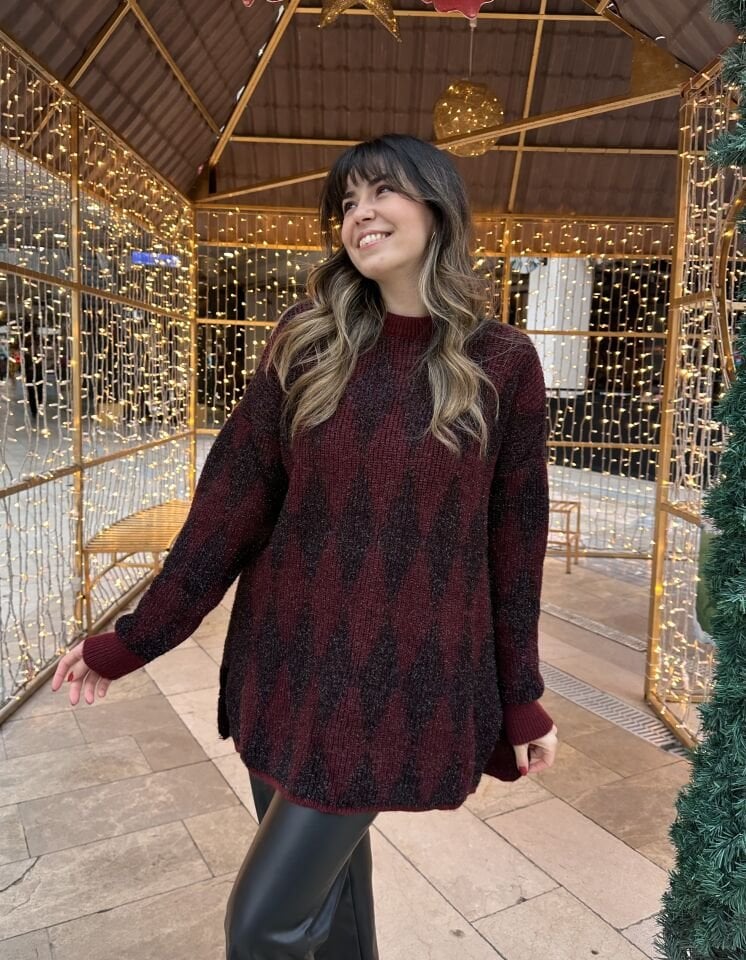 Baklava Desenli Simli Bordo Kazak