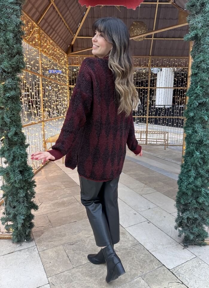 Baklava Desenli Simli Bordo Kazak