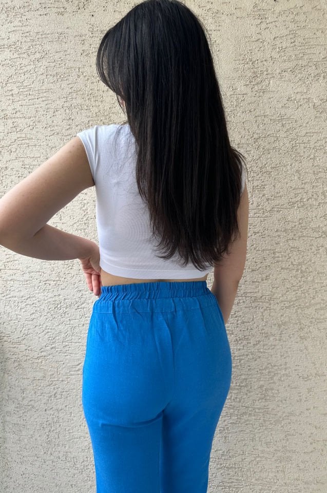 Saks Mavisi Ham Keten Bağcıklı Pantolon
