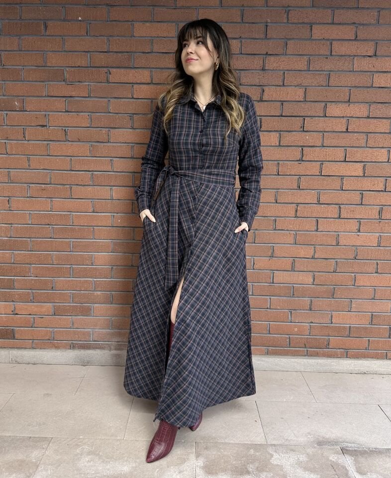 Lacivert-Bordo Ekoseli Gömlek Elbise