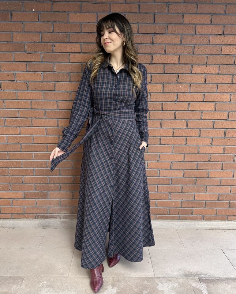 Lacivert-Bordo Ekoseli Gömlek Elbise