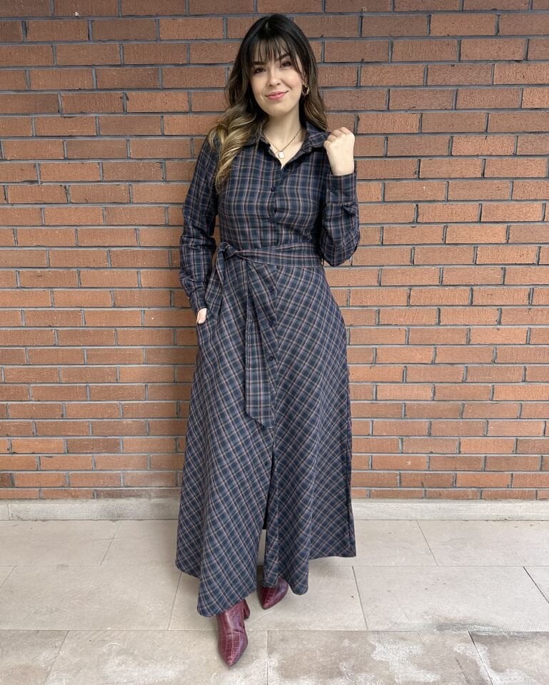 Lacivert-Bordo Ekoseli Gömlek Elbise